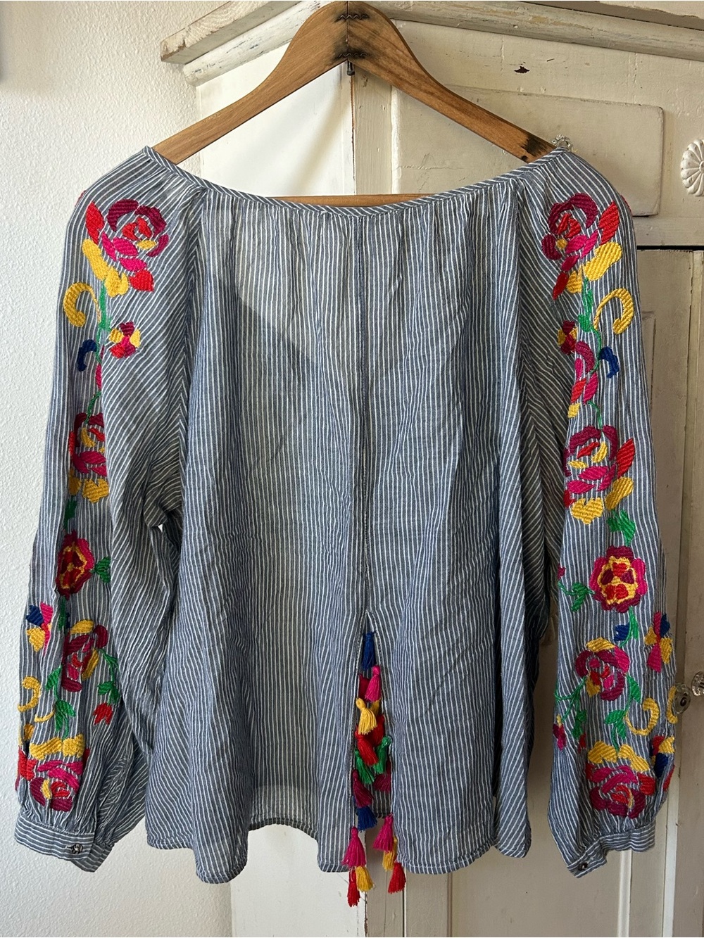 Anthropologie Floreat | Womens Blue/White Striped VNeck Embroidered Sleeve Top L - Picture 5 of 16